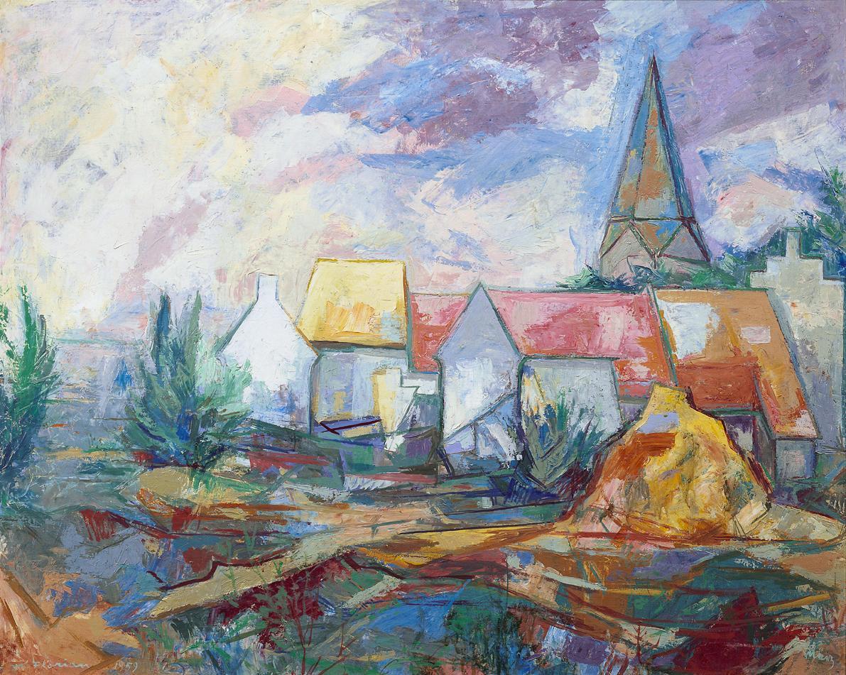 Maximilian Florian, Landschaft mit Dorf, 1959, Öl auf Leinwand, 79,5 x 99,5 cm, Belvedere, Wien…