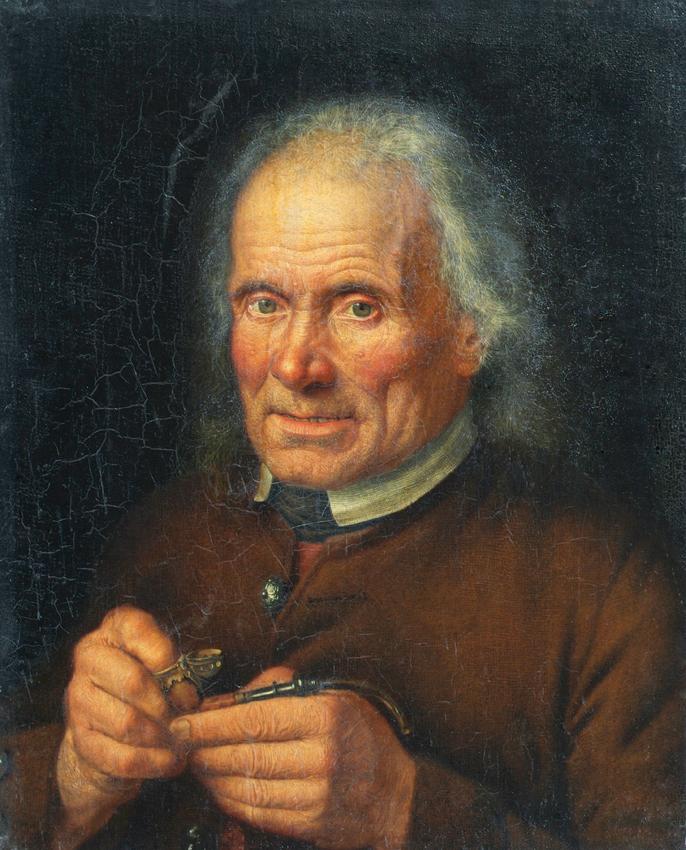 Johann Baptist Hoechle, Alter Bauer, sein Pfeifchen stopfend, vor 1820, Öl auf Leinwand, 48 x 3…