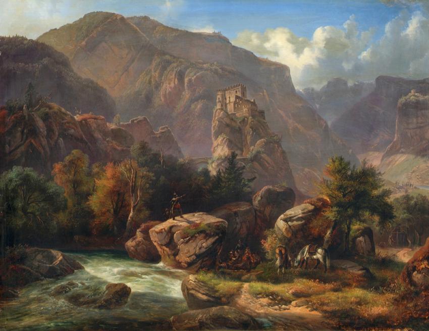 Ludwig Neelmeyer, Schloss Salurn (Haderburg) in Südtirol, Italien, Öl auf Holz, 65 x 80 cm, Bel ...