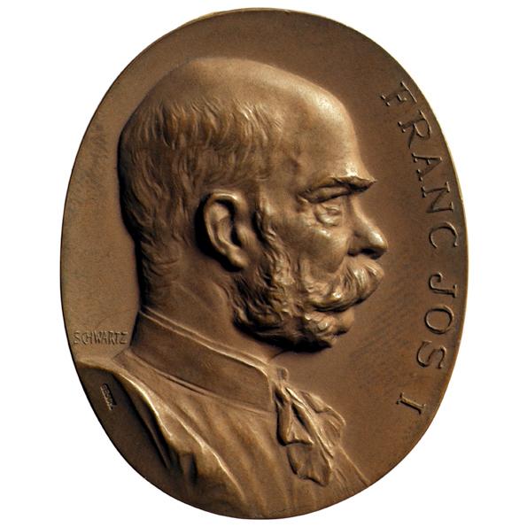 Stefan Schwartz, Plakette mit dem Bildnis von Kaiser Franz Joseph I., 1898, Bronze, hochoval: 4 ...