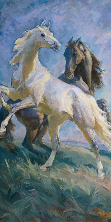 Alfons Purtscher, Zwei Pferde, 1956, Öl auf Leinwand, 168 x 86 cm, Artothek des Bundes, Dauerle…