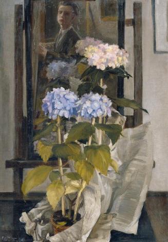 Wilhelm Traeger, Selbstbildnis mit Blumenstöcken, 1930, Öl auf Leinwand, 101 x 70,5 cm, Artothe…