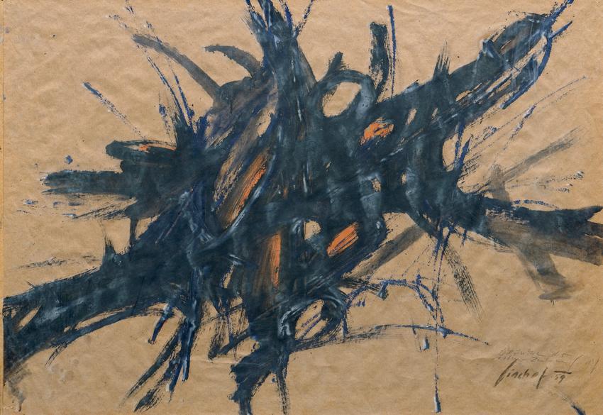 Peter Bischof, Ölstudie der roten Zentren, 1959, Öl auf Packpapier, 62 x 89 cm, Belvedere, Wien…