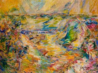 Konrad R. Juestel, Das große Tal, 1978, Öl auf Hartfaserplatte, 92 x 122 cm, Belvedere, Wien, I…