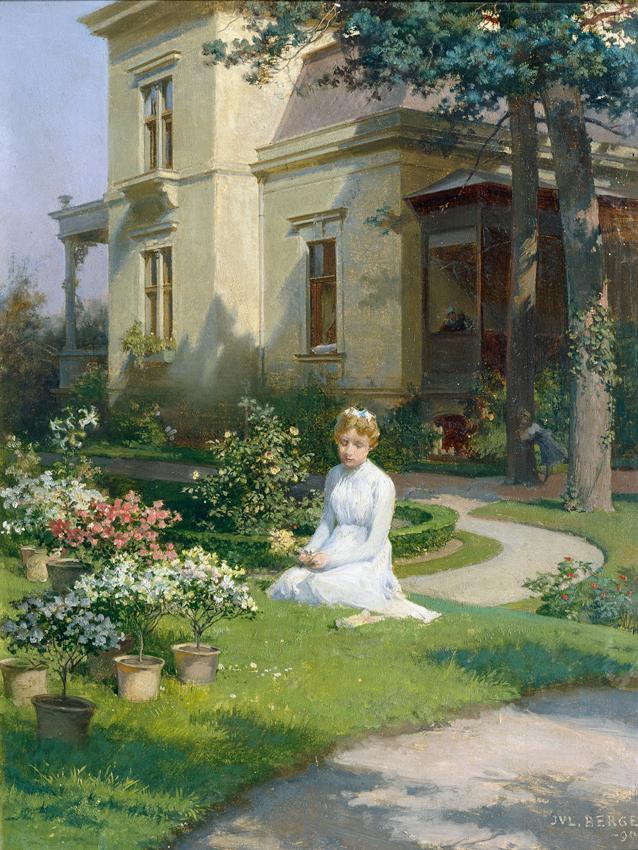 Julius Victor Berger, Mädchen im Garten einer Villa, 1900, Öl auf Lindenholz, 39,5 × 30,5 cm, B…
