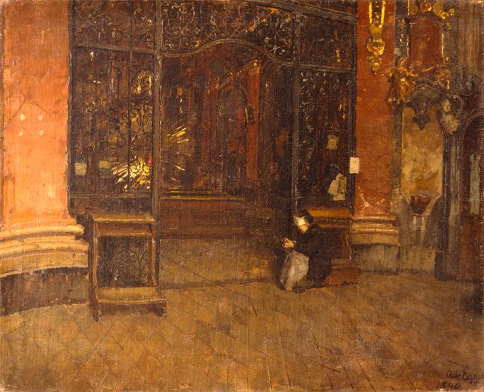 Albin Egger-Lienz, Inneres der Johanniskirche in München (Studie zu Karfreitag), 1890, Öl auf L…