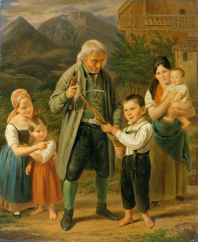 Franz Bernhardt, Unterricht im Bogenschießen, 1833, Öl auf Holz, 34,8 x 28 cm, Belvedere, Wien,…