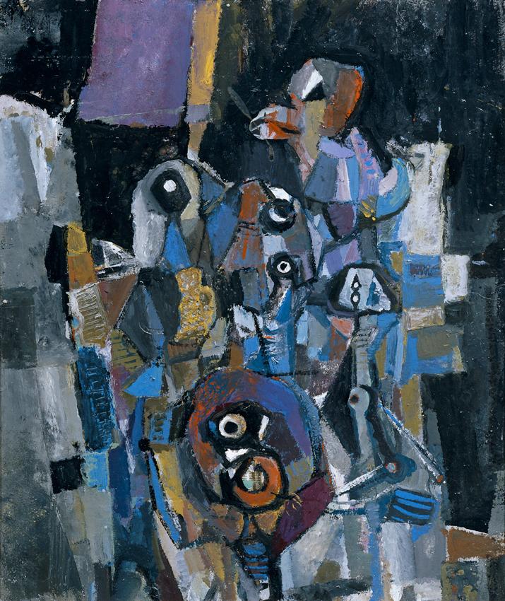 Karl Kreutzberger, Marionetten, 1950–1960, Öl auf Hartfaserplatte, 64 × 54 cm, Artothek des Bun…