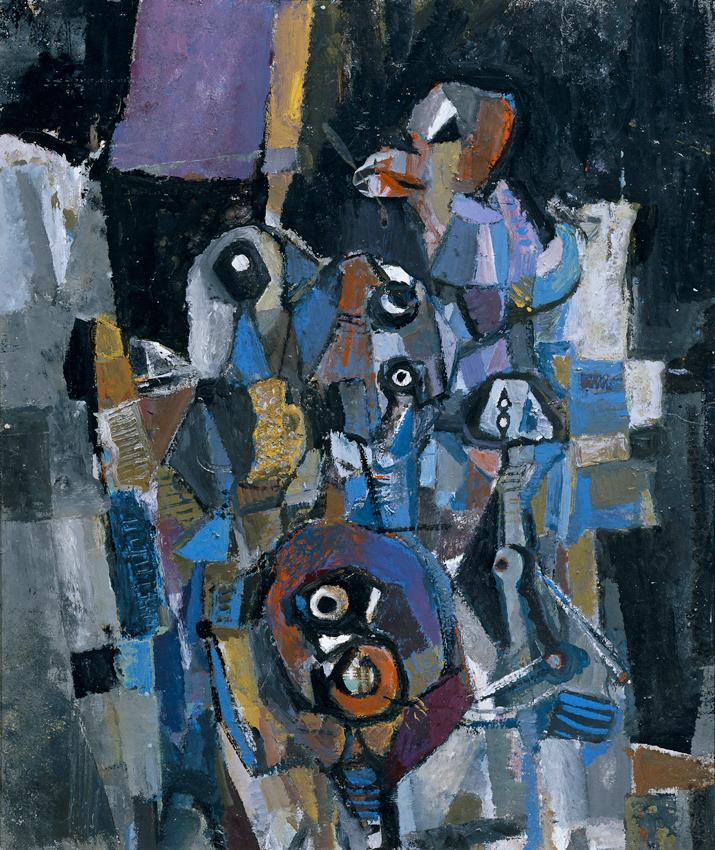 Karl Kreutzberger, Marionetten, 1950–1960, Öl auf Hartfaserplatte, 64 × 54 cm, Artothek des Bun ...