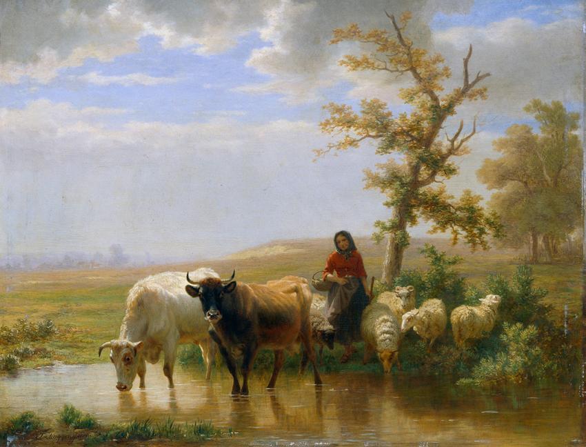 Edmond Jean-Baptiste Tschaggeny, Kühe und Schafe, 1856, Öl auf Holz, 43 x 55 cm, Belvedere, Wie…