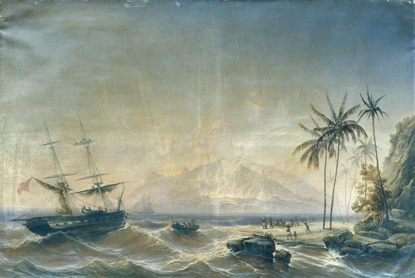 Joseph Carl Berthold Püttner, Kriegsschiff vor den Südseeinseln, 1854, Öl auf Leinwand, 142 x 2…