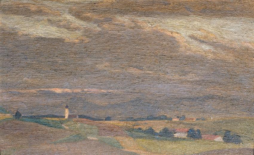 Friedrich Hasslwander, Abendlandschaft mit Kirchturm, Öl auf Leinwand auf Karton, 33 x 53 cm, B…