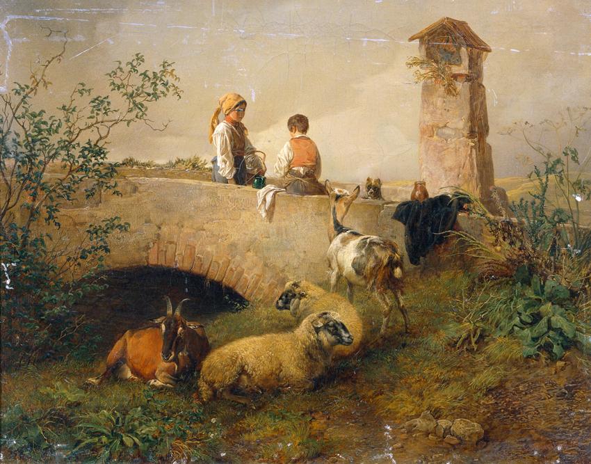 Leopold Brunner der Jüngere, Knabe und Mädchen mit Schafen und Ziegen, 1849, Öl auf Leinwand, 4…