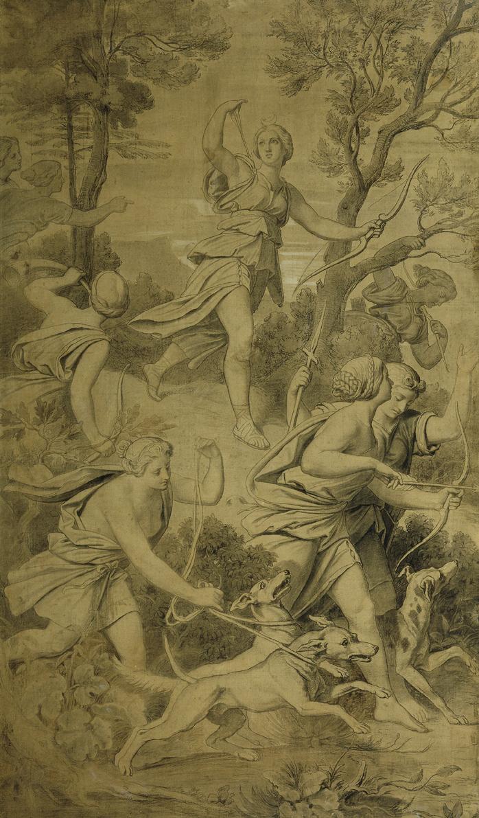 Moritz von Schwind, Diana mit ihren Gefährtinnen, Grisaille auf Papier auf Leinwand, 176 x 104 …