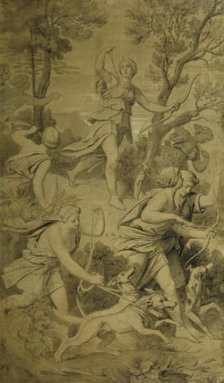 Moritz von Schwind, Diana mit ihren Gefährtinnen, Grisaille auf Papier auf Leinwand, 176 x 104 …