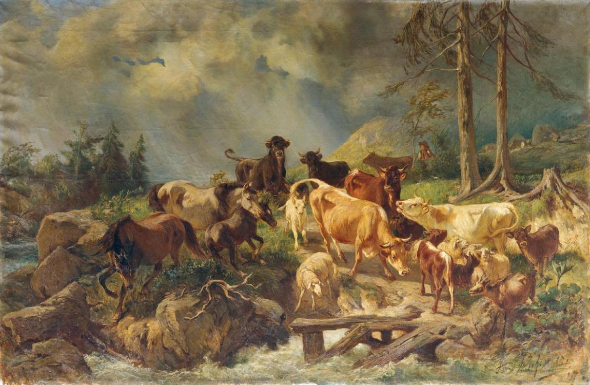 Franz Xaver von Pausinger, Bergige Landschaft mit Kühen, 1897 (?), Öl auf Leinwand, 114 x 175 c…