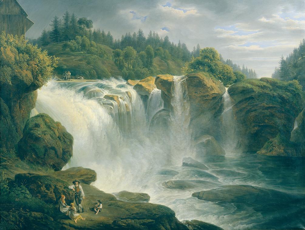 Johann Nepomuk Schödlberger, Der Traunfall bei Gmunden, 1821, Öl auf Leinwand, 222 x 295 cm, Be ...