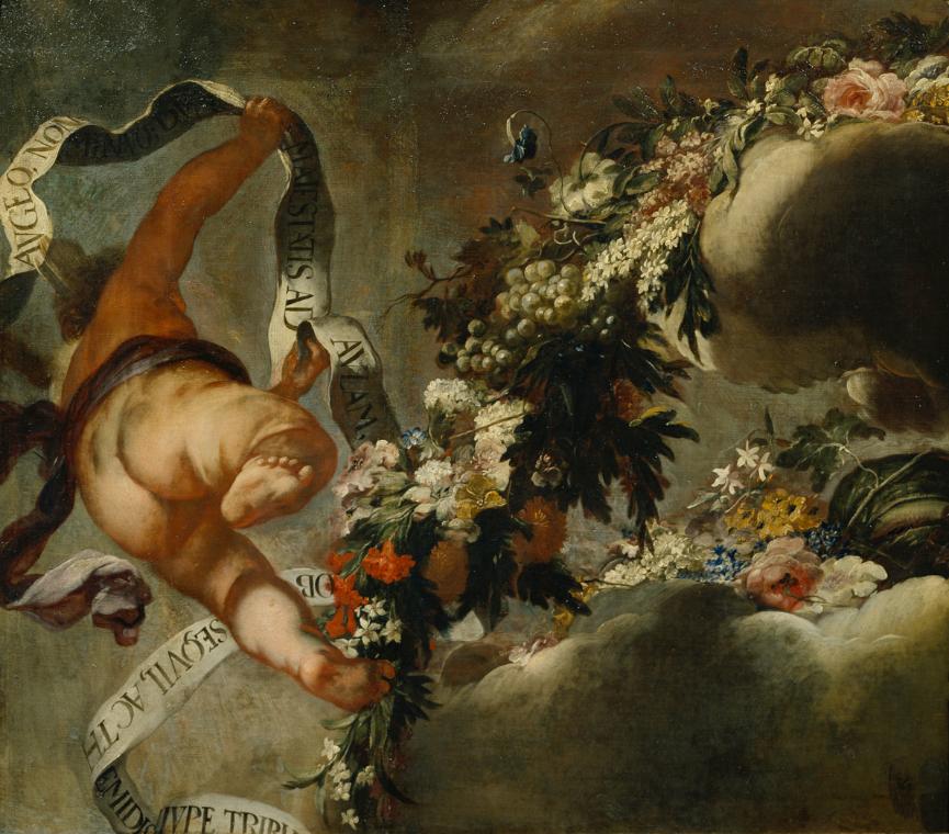 Peter Strudel, Putto mit Blumengewinde und Spruchband, 1698/1699, Öl auf Leinwand, 110 x 127 cm…