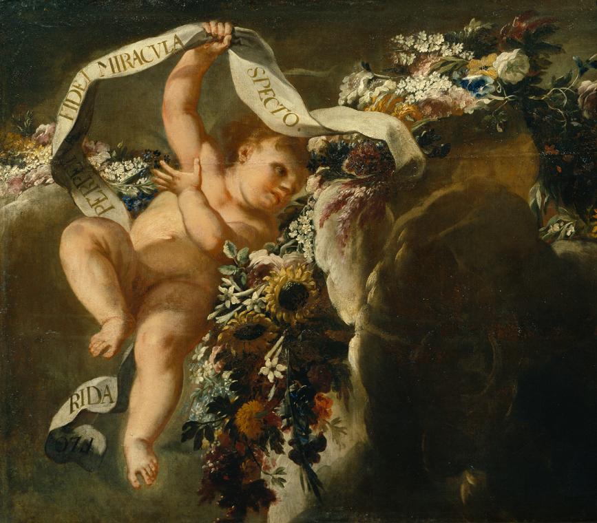 Peter Strudel, Putto mit Blumengewinde und Spruchband, 1698/1699, Öl auf Leinwand, 110 x 127 cm…
