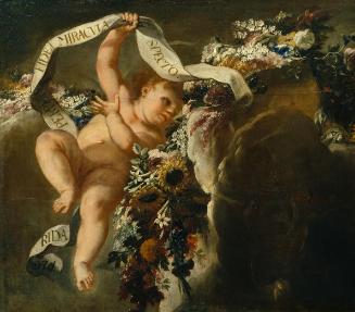 Peter Strudel, Putto mit Blumengewinde und Spruchband, 1698/1699, Öl auf Leinwand, 110 x 127 cm…