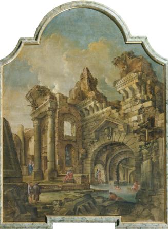 Marcantonio Chiarini, Ruinenlandschaft (Ruinen mit Badeszene), um 1716, Tempera auf Leinwand, D…