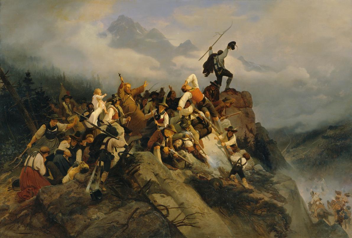 Mathias Artaria, Pater Joachim Haspinger unter den kämpfenden Bauern, 1842, Öl auf Leinwand, 10 ...