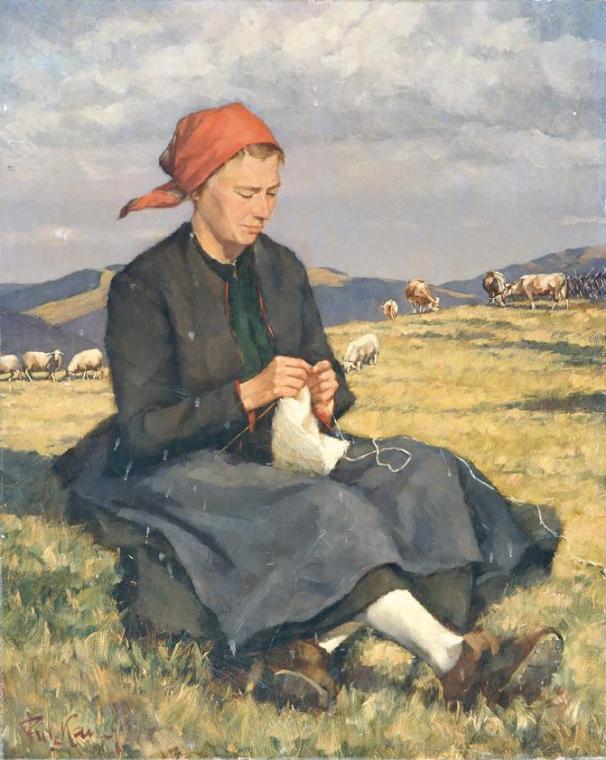 Fritz Kaiser, Sitzende Frau mit Stickarbeit, undatiert, Öl auf Leinwand, 100 x 80,5 cm,  Belved…