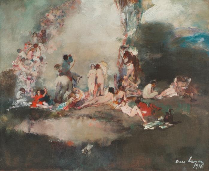 Oskar Larsen, Bacchanal, 1916, Mischtechnik auf Karton, 28 x 34 cm, Belvedere, Wien, Inv.-Nr. 8…