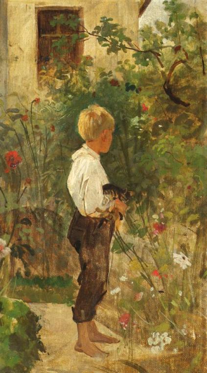 Joseph Hasslwander, Knabe mit Katze im Garten, Öl auf Leinwand auf Karton, 30 x 16,5 cm, Belved ...