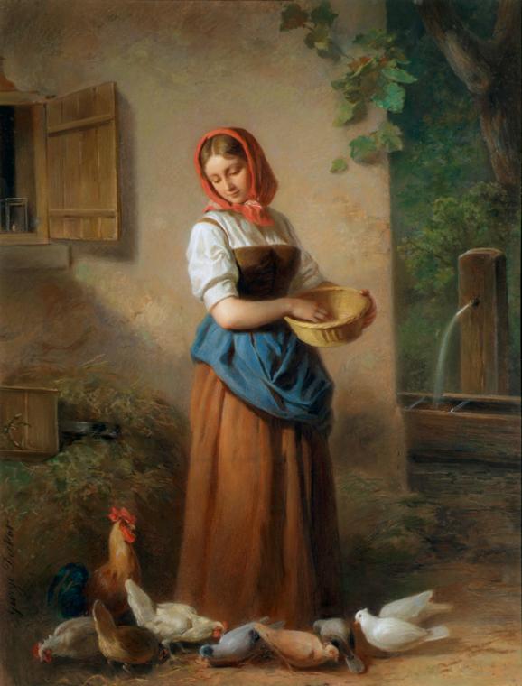 Georg Decker, Ein Mädchen, Hühner und Tauben fütternd, um 1850/1855, Pastell auf Papier, 77,5 x…
