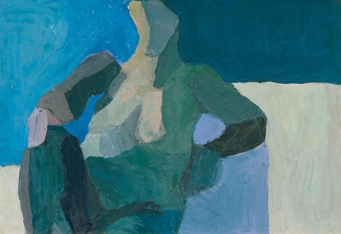 Maria Lassnig, Figur, 1955, Öl auf Hartfaserplatte, 56,5 x 81,5 cm, Artothek des Bundes, Dauerl…