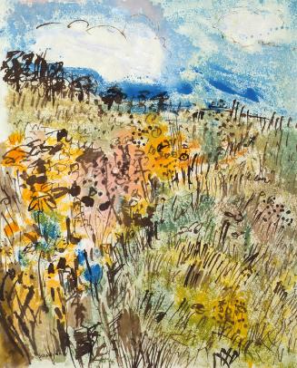 Greta Schreyer-Loebl, Herbstliches Wiesenfeld, 1966-1967, Aquarell, Tusche auf Papier, 59,5 x 4…