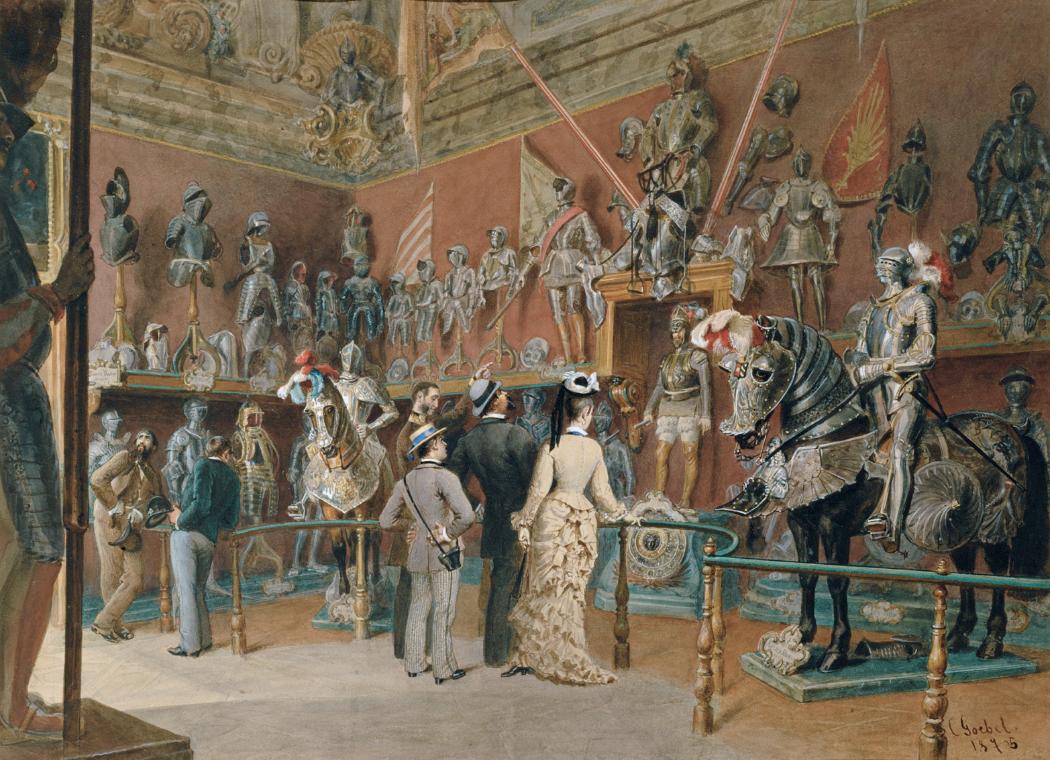 Carl Goebel d. J., Die Rüstkammer I der Ambraser Sammlung, 1875, Aquarell auf Papier, 50 x 68,5…