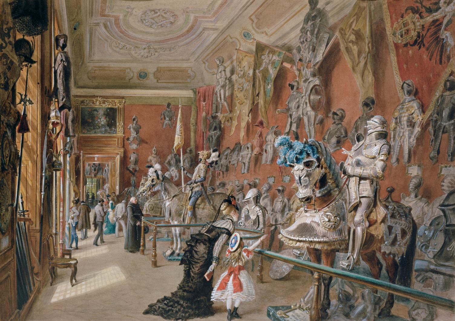 Carl Goebel d. J., Die Rüstkammer II der Ambraser Sammlung, 1875, Aquarell auf Papier, 46,5 x 6…