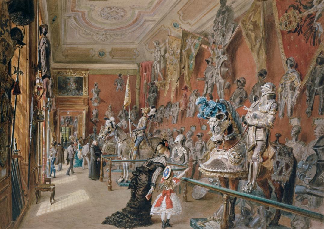 Carl Goebel d. J., Die Rüstkammer II der Ambraser Sammlung, 1875, Aquarell auf Papier, 46,5 x 6…