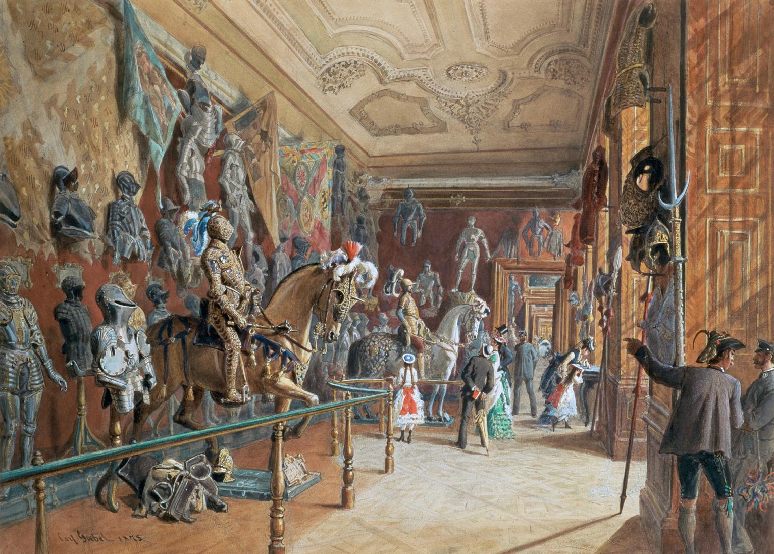 Carl Goebel d. J., Die Rüstkammer III der Ambraser Sammlung, 1875, Aquarell auf Papier, 45,5 x …