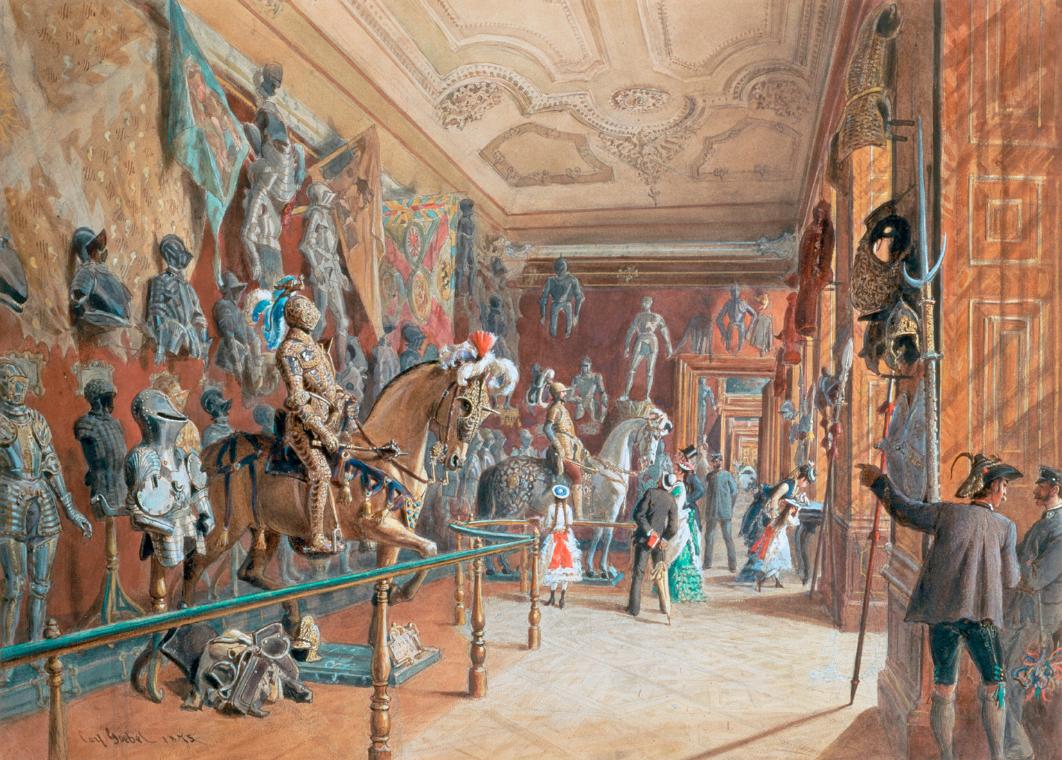 Carl Goebel d. J., Die Rüstkammer III der Ambraser Sammlung, 1875, Aquarell auf Papier, 45,5 x …
