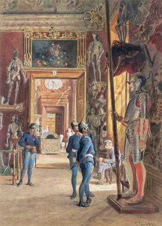 Carl Goebel d. J., Eingang  in die I. Rüstkammer, 1875, Aquarell auf Papier, 47 x 34,3 cm, Belv…
