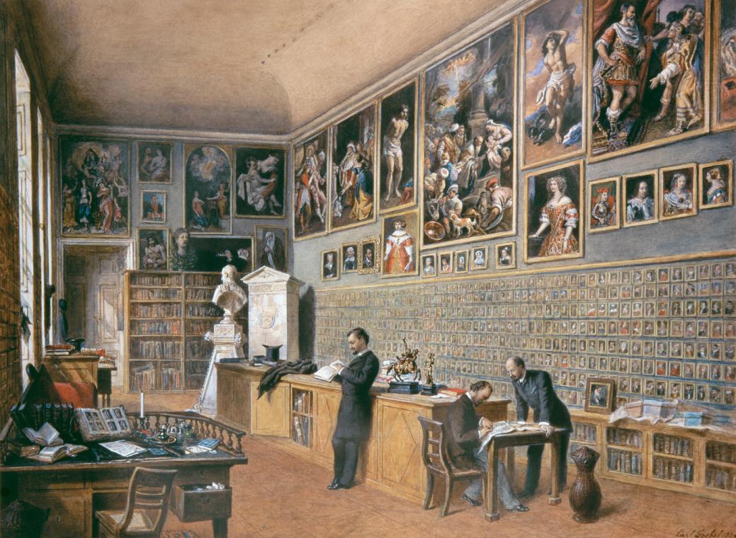 Carl Goebel d. J., Die Bibliothek, zugleich Büro der Beamten der Ambraser Sammlung (Porträtsamm…