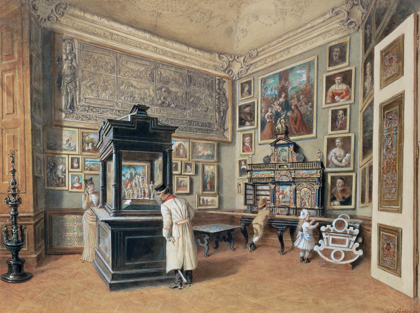 Carl Goebel, Letztes Kabinett der Ambraser Sammlung mit böhmischen Gläsern, 1889, Aquarell auf …