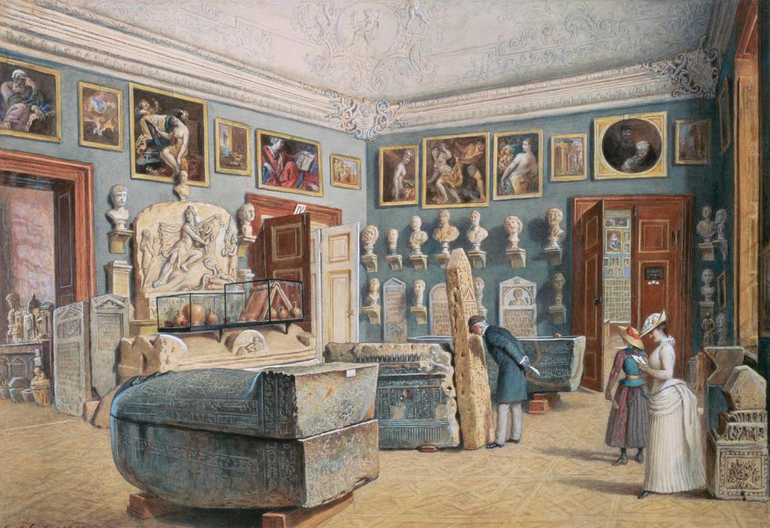 Carl Goebel d. J., Das Zimmer mit dem Mithras- und den ägyptischen Sarkophagen, 1889, Aquarell …