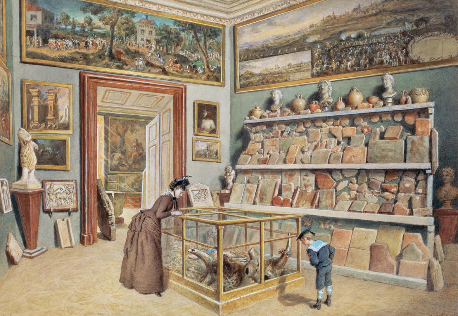 Carl Goebel d. J., Das Apsiszimmer mit den römischen Ziegeln, 1889, Aquarell auf Papier, 48 x 6…