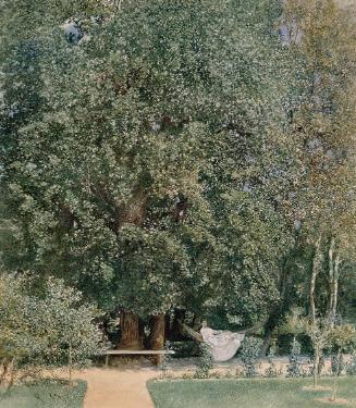 Rudolf von Alt, Aus dem Kurpark in Tepliz, 1877, Aquarell, Deckweiß auf Papier, 23,8 x 20,9 cm,…