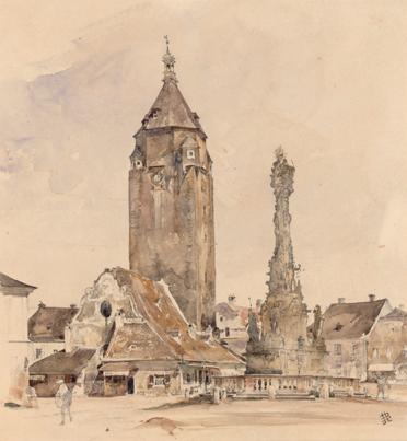 Rudolf von Alt, Das Alte Rathaus von Korneuburg, 1841, Aquarell, Bleispuren auf Papier, 24,5 x …