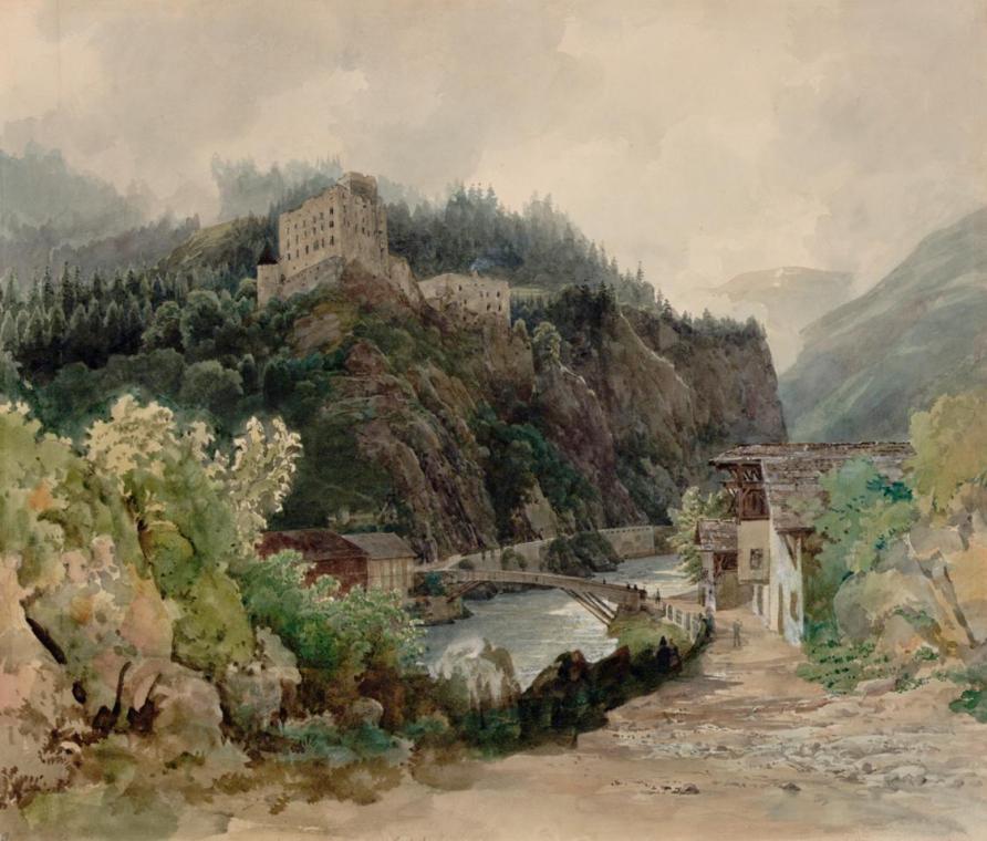 Thomas Ender, Ansicht von Schloss Landeck in Tirol, 1844, Aquarell auf Papier, 37,3 x 44,1 cm, …