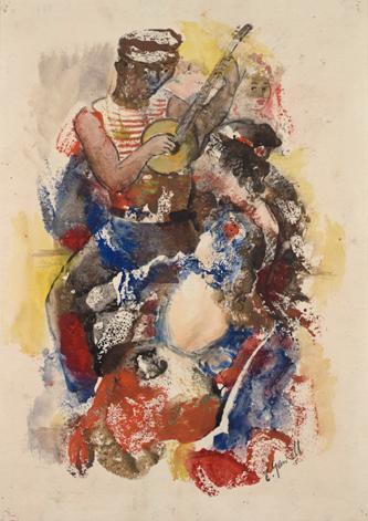 Oskar Gawell, Das Negerlied, 1945, Aquarell, Tuschfeder auf Papier, 62,5 x 44 cm, Belvedere, Wi ...