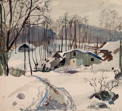 Oskar Laske, Winterlandschaft in Pressbaum, 1944, Aquarell, Deckfarben auf Papier, 42,5 x 47,5 …