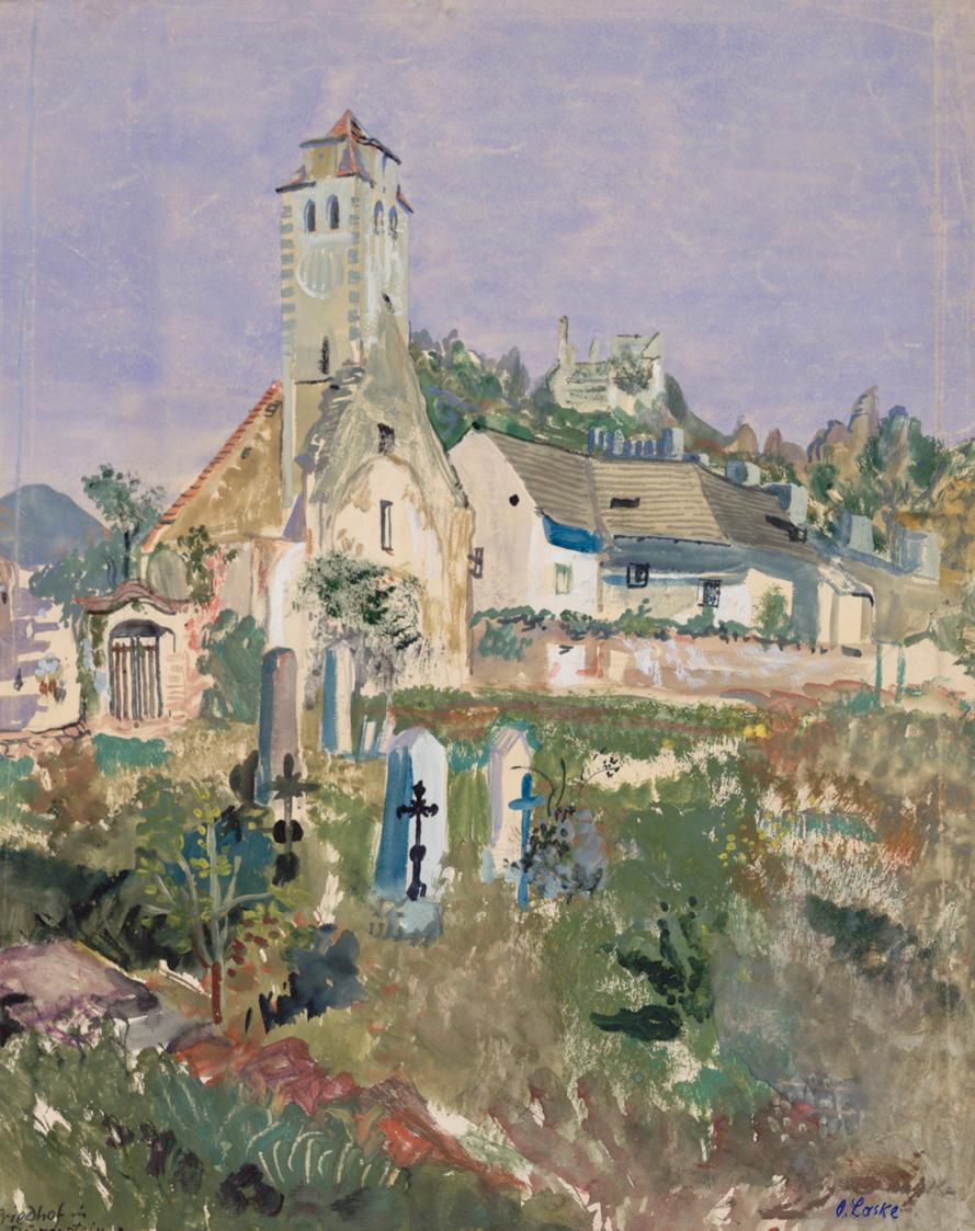 Oskar Laske, Friedhof in Dürnstein, um 1920/1925, Aquarell, Deckfarben auf Papier, 46,3 x 36,7 …
