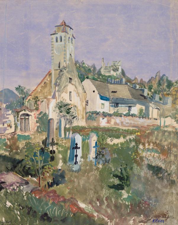 Oskar Laske, Friedhof in Dürnstein, um 1920/1925, Aquarell, Deckfarben auf Papier, 46,3 x 36,7 …