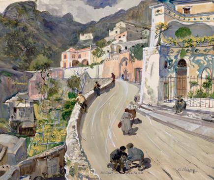 Oskar Laske, Ansicht von Positano, 1921, Aquarell, Bleistift, Deckweiß auf Papier, 39,7 x 46,5 …